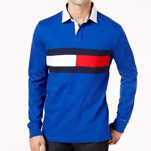 Tommy Hilfiger NWT Men’s Rugby Polo Shirt Blue Red White Long Sleeve Size Large